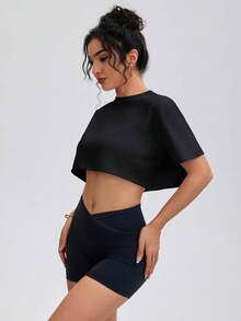 女士柔软短款T恤，针织圆领套头衫，舒适瑜伽健身宽松户外运动上衣，春夏款 - 黑色 - 查看 7