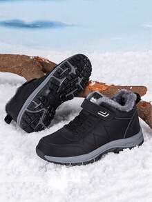 Botas cortas con forro térmico para adolescentes/estudiantes, botas de nieve para exteriores, botas de senderismo, a prueba de frío y cálidas, resistentes al desgaste y antideslizantes, con cierre de gancho y bucle para un uso cómodo, de unicolor negro, fáciles de limpiar