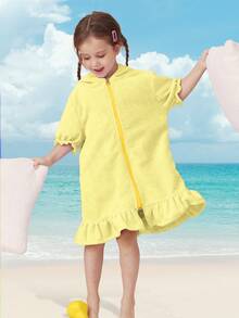 1pc Girls' Hooded Zip-Up Swim Cover-Up, Cute Puff Sleeve With Skirt, Available In Multiple Ages, Absorbent Towel Fabric, Suitable For Toddlers And Children, Essential For Home, Swimming, And Bathing