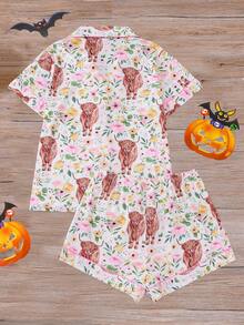 Conjunto de pijama de 2 piezas para mujer con estampado de animales lindos y flores, top con cuello y manga corta, y shorts de cintura elástica, ropa de dormir y de estar por casa casual para todas las estaciones - Blanco - Ver 11