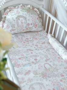 1 件可爱兔子花园卡通图案柔软舒适 100% 纯棉婴儿床床笠 - 彩色 - 查看 4