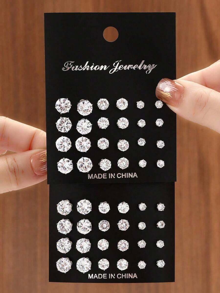 24pcs/Set Fashionable Minimalist Sparkling Cubic Zirconia Stud Earrings For Party, Date And Daily Wear - 銀牌 2 - 查看 1