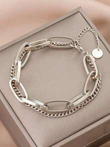 1pc European And American Style Titanium Steel Thick Chain Chain Double Layer Women's Bracelet Gift - Silver - View 5