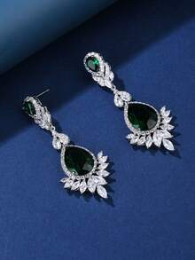 1 对奢华高端方晶锆石吊坠耳环，搭配时尚连衣裙，节日和生日礼物 - 綠色 - 查看 2