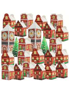24 Stücke Weihnachts-Adventskalender Boxen - Rotes & weißes Lebkuchenhaus Design mit goldenen Uhren, Winterdorf Szene, perfekt für Feiertagspartys als Gastgeschenke & Geschenkverpackung, Weihnachtsdekoration