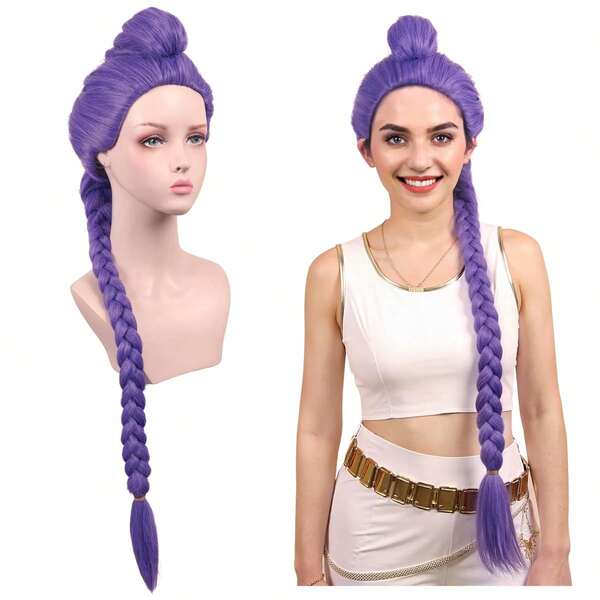 Peluca Rumi de Halloween para mujer, peluca larga trenzada de color morado mixto para cosplay de Rumi, peluca de cosplay con trenzas postizas de Rumi, fabricada completamente a máquina para uso diario y de fiesta, natural y hermosa, adecuada para cualquier forma y estilo de rostro