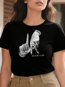 Camiseta Tops casuales de mujer con estampado manos decoradas y texto 220 g de algodón puro grueso y cómodo - Negro - Ver 2
