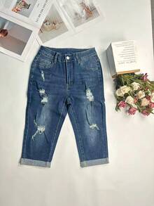 女士优雅通勤风卷边做旧七分牛仔裤，秋季款 - 藍色 - 查看 3