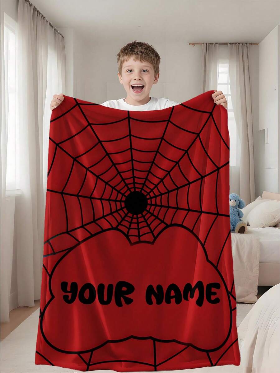 Customizable Text & Spider Web Pattern Blanket, Personalized Photo Throw Blanket For Baby Infant Nursery Decor, Baby Shower Gift