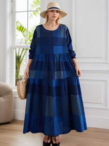 AZAH Women's Plus Size Blue Floral Print Long Sleeve Round Neck Pleated Maxi Dress A Line Woven Fabric Modest Summer Dress With Pockets