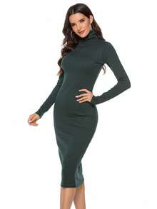 Women Sweater Dresses - Dark Green - View 4