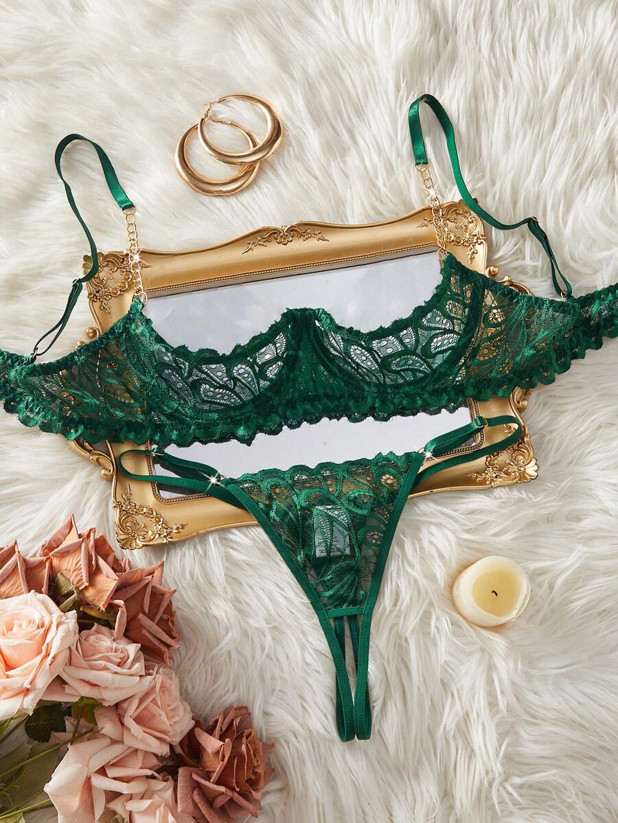 Sexy Women's Lace Underwire Bra With Metal Chain Decor Lingerie Set - 墨綠色 - 查看 1