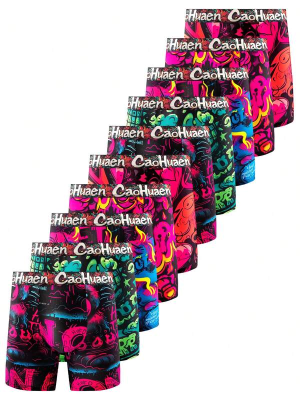 10pcs/Pack Men's Printed Graffiti Breathable Boxer Briefs