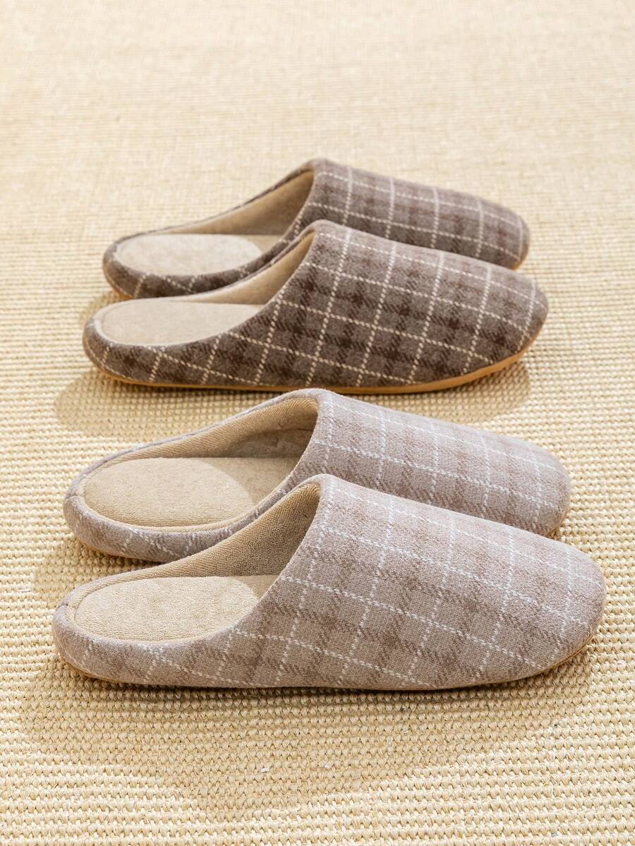 男女通用室内静音拖鞋，适合所有季节，时尚格子面料鞋面，防滑，适用于办公室、客厅、卧室，简约优雅的家用鞋 - 粉色 - 查看 1