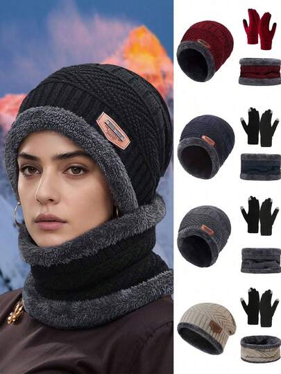 1/2/3pcs Unisex Solid Color Warm Knitted Hat With Scarf And Gloves Set, Thick Thermal Lining, Suitable For Daily Wear, Hiking, Vacation, Skiing, Etc. Autumn Decor