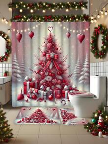 1 pieza/4 piezas Juego de baño de árbol de Navidad verde oscuro, incluye cortina de ducha, alfombra de inodoro, alfombra de baño, etc. Hecho de tela de poliéster impermeable y duradera. Decorado con patrones de árbol de Navidad, estrellas y copos de nieve. Adecuado para agregar un ambiente navideño al baño, especialmente para la temporada navideña.