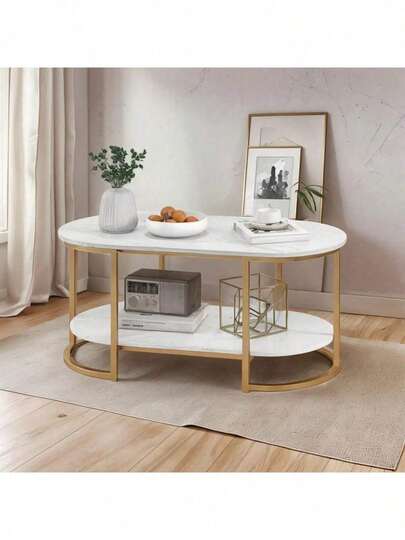 Mesa de centro moderna minimalista madera/metal blanco, diseño contemporáneo, estructura robusta, fácil de combinar con cualquier decoración