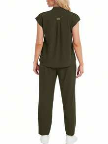Collared Sleeveless Loose Top And Practical Multi-Pocket Pants Uniform Set Spring - Army Green - View 2