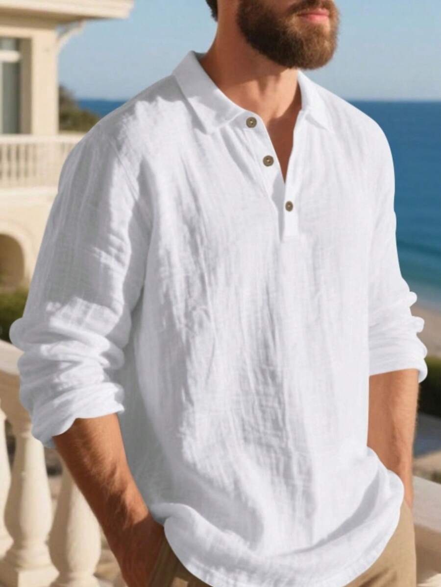 Men's White Linen Polo Collar Long Sleeve Shirt, Half-Button Design, Suitable For Beach Vacation, Back To School, 4th Of July Gathering & Tropical Travel, Autumn/Winter Layering