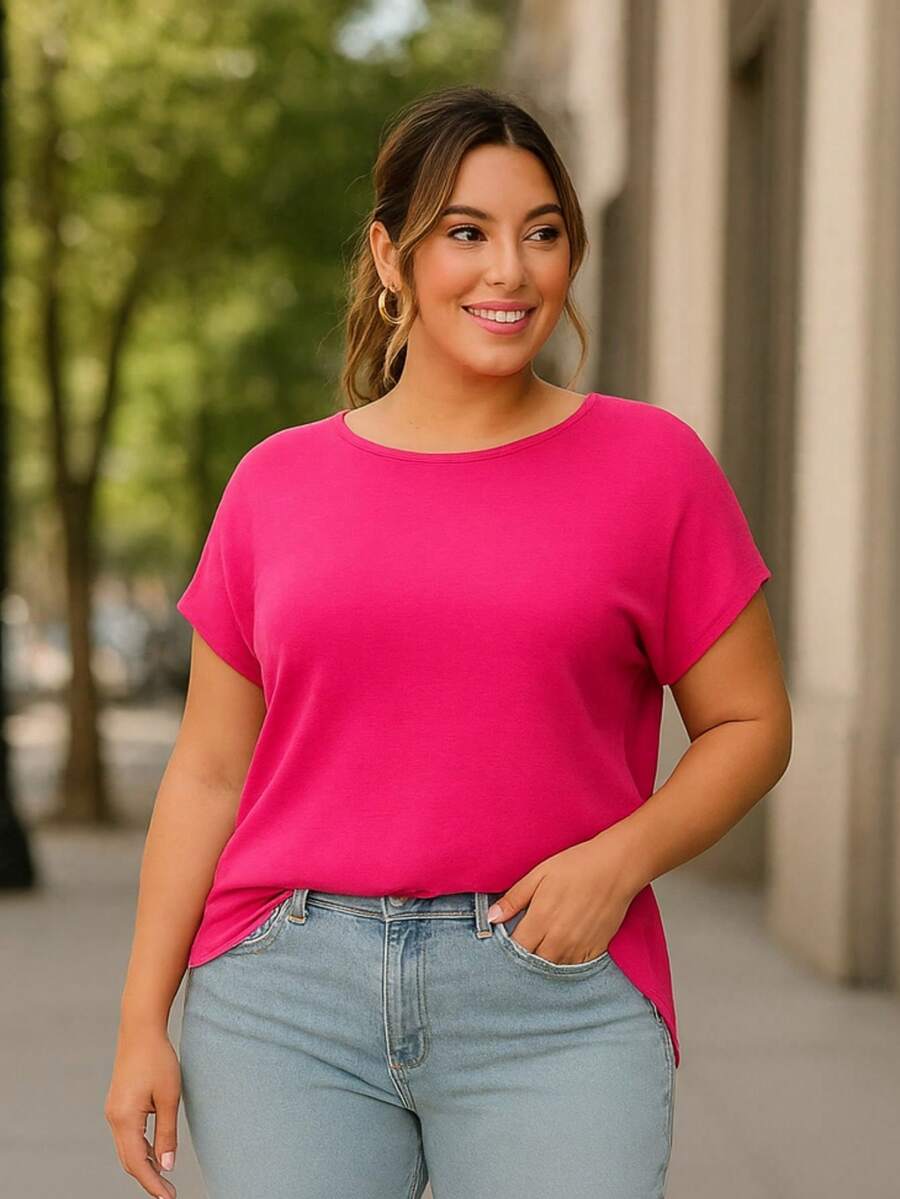 PLUS SIZE BLOUSE PLAIN CASUAL MODERN BASIC CURRENT CONTEMPORARY VISCOLYCRA - Rosa Fucsia - Ver 1