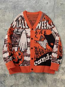 Men's Casual Loose Minimalist Halloween Themed Cartoon & Letter Print V-Neck Button-Up Long Sleeve Cardigan Sweater, Autumn/Winter