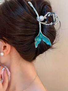 1pc Women's Blue Metallic Hair Claw Barrette With Faux Pearl, Elegant Hair Clip For Bun, Mermaid Princess Style Hair Clips Hair Jaw Clip Hair Clamps Hair Clutch Hair Catcher Clip, Claw Clip - 藍色 - 查看 2