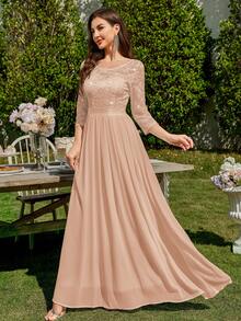 MIUSOL Women's Elegant Sequin Floral Lace Contrast Chiffon Pleated Hem Maxi Dress, Ruched High Waist A-Line Silhouette, Perfect For Formal Party, Wedding Guest, Evening , Anniversary - 香檳色 - 查看 6