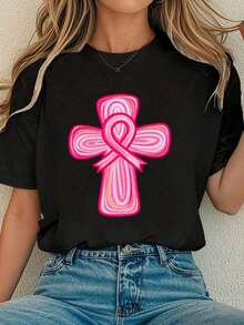 Women Cotton Tshirt (2 SIDED) Faith Over Fear Breast Cancer Coquette Bow Jesus T-Shirt Comfort Tshirt Women - 黑色 - 查看 1