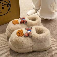 2025 Autumn/Winter New Cute Cartoon Bear Bow Thickened Plush Slip-On Slippers, Warm, Non-Slip, Comfortable For Home