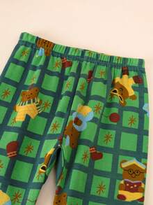 2pcs/Set Young Boys Chequer And Bear Print Pjs, Round Neck Long Sleeve Top And Pants Sleepwear Set, Cartoon Allover Print Loungewear For Winter & Autumn