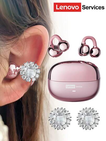  Lenovo LE302 Fashionable Bluetooth Headphones With Silver Floral Earphone Accessories, Clip-On Earphones With Surround Sound, High-Quality Audio, Low Latency, ENC Noise Cancellation, Comfortable Wear, Suitable As Fashionable Earring Accessory And Gift For Women