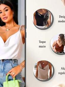 Women's Elegant Boba Collar Tank Top With Adjustable Thin Straps - 黑色 - 查看 3