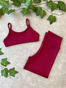 Women's Fitness Set Gym Open Back Top With Shorts - 紅木色 - 查看 2