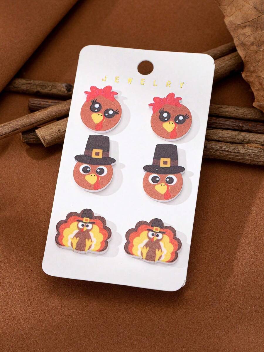 3 Pairs Acrylic Thanksgiving Turkey Earrings Set - Holiday Festive Earring Jewelry Gift For Women & Girls