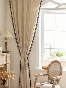 1 件装美式实心竹亚麻半遮光厨房窗帘，日式简约黑色流苏房间隔断窗帘，适合农舍装饰，适用于平开窗、卧室、餐厅、客厅、书房、阳台、露台、酒店、咖啡厅、四季皆宜