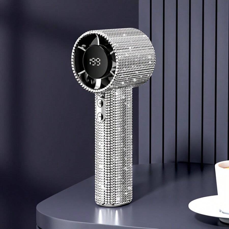 Luxury Full Diamond Portable Handheld Mini Fan, USB-C Rechargeable Turbo Fan, Speed Adjustable Silent Fan, Summer Gift Box, Mini Turbo Fan, Car Mini Fan, Handheld Mini Fan, Travel Accessories, Summer Cooling, Fashion Accessories, Compact Design, Durable Construction, High Quality Fan, Handheld Device, Speed Adjustable, Office Worker, Traveler - 白色 - 查看 1