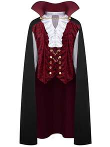 Victorian Goth Vampire Costume For Men Halloween Men Vampire Costume,Halloween Men's Vampire Cape, Dracula Costume Men Long Sleeve Shirts With Attached Waistcoat And Cloak Set For Halloween Cosplay Party Outfits NO Pants - Black - View 4