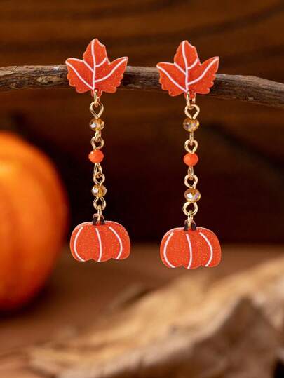 1 Pair Autumn Season Acrylic Pumpkin Dangle Earring - Fall Leaves Earrings Thanksgiving Holiday Jewelry Gift For Women & Girls