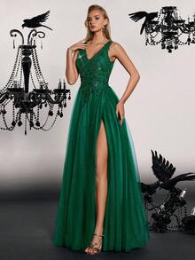 VIPGIRL Vestido de noche formal con cuello en V profundo, abertura alta y tela de malla - Verde - Ver 7