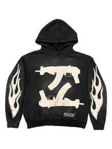 Y2K High Street  Flame Double Gun Print Hoodie - Regular Fit Long Sleeve Pullover, Spring/Autumn/Winter Casual Street Style Black Sweatshirt, Suitable For Everyday Wear, American Street  Hardcore Style Sweatshirt, Unisex - 紅色 - 查看 3