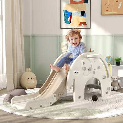 Compact 3-In-1 Play Slide With Basketball Hoop And Climber 64.2 Inch Length Cream White HDPE Construction Non Slip Steps And Handrails 66lb Capacity Indoor Activity Center