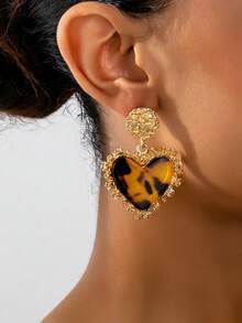 1 Pair Vintage Geometric Metal Pendant, Leopard Heart Shaped Earrings For Women, Suitable For Autumn/Winter Parties, Galas, Gatherings, Elegant, Chic, Sophisticated Gift, Valentine's Day - Leopard - View 7