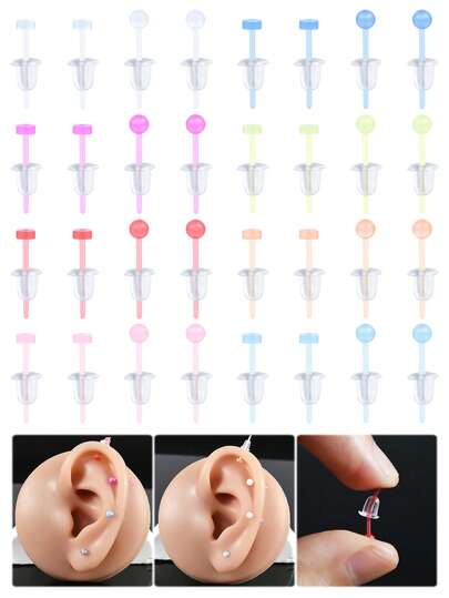 CIZME 4件套夜光UV透明耳钉，耳部穿刺饰品，耳骨耳钉，透明耳钉，白色、蓝色、紫色、绿色、红色、黄色、粉色，蓝色圆形平头耳钉，耳垂、耳廓、耳骨穿刺耳环套装，男女通用，日常装饰