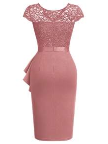 MIUSOL Women's Elegant Contrast Lace Sequin Insert Ruffle Trim Ruched Wrap Hem Bodycon Dress, Round Neck, Cap Sleeves, Perfect For Cocktail Party, Evening, Wedding Party - 藕粉色 - 查看 7