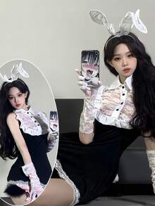 Lace Cute Girl-Style Seamless Bodysuit Set, Bodycon Skirt, Sexy Cosplay Bunny Girl/Maid Uniform, Suitable For Young Women, Christmas, Parties, Cosplay, Photo Shoots