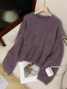 Women's Solid Color Soft Fluffy Slouchy Pullover Knit Sweater, Casual Home Wear For Autumn/Winter