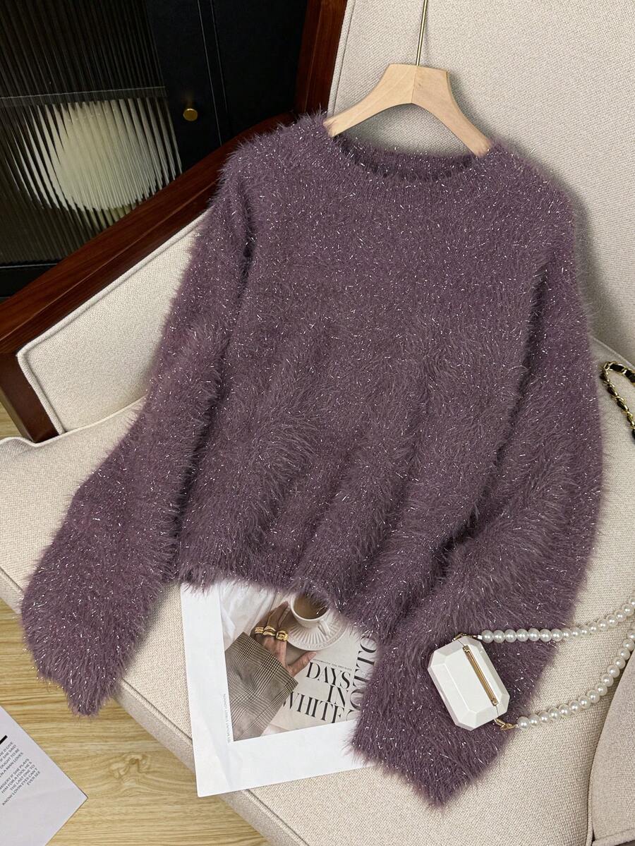 Women's Solid Color Soft Fluffy Slouchy Pullover Knit Sweater, Casual Home Wear For Autumn/Winter
