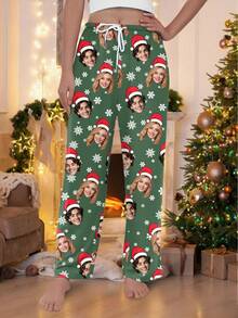 Customized Christmas Print Women's Pajama Pants, Santa Hat & Snowflake Pattern Christmas Loungewear
