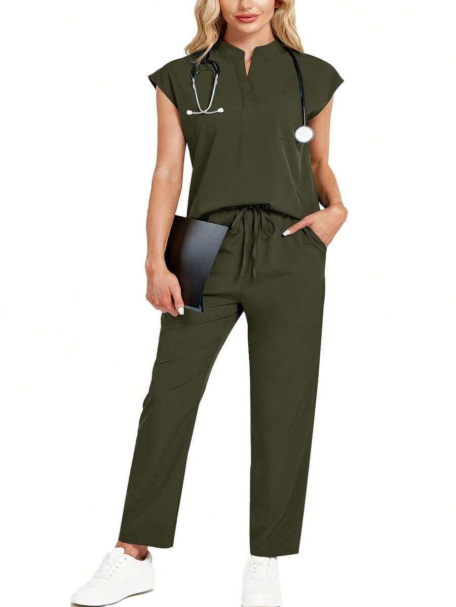 Collared Sleeveless Loose Top And Practical Multi-Pocket Pants Uniform Set Spring - Army Green - View 1