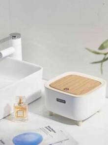 Mini Square Trash Can With Touch Lid – Wood Print, Ideal For Office And Desk - DT24572 - White With Bamboo Lid - View 2